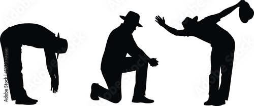 Silhouettes of tired workers bending, kneeling and stretching, fatigue concept, exhaustion, hard labor, physical strain, body pain, work stress illustration