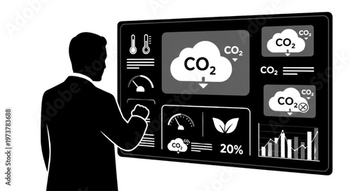 Business executive interacting with a futuristic environmental data interface silhouette