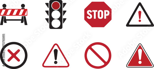 Red warning and prohibition icons set with stop, danger, no entry, traffic signs flat vector style.