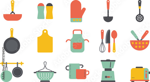 Modern flat vector kitchenware set featuring frying pans cooking utensils apron toaster blender and colorful culinary tools for home cooking.