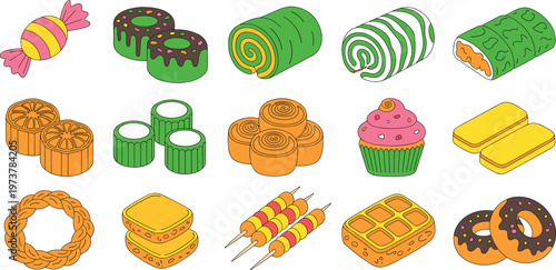 Large collection of isometric sweets and snacks featuring colorful donuts cupcakes candy swiss rolls waffles and asian street food skewers.Large collection of isometric sweets