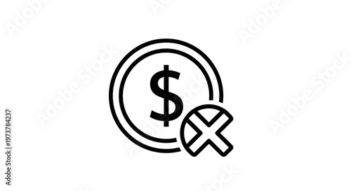 Black and white financial icon of a coin with an x symbol for business use