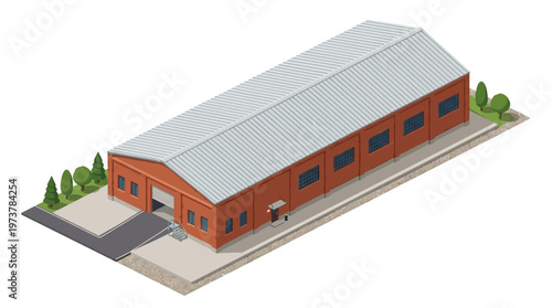 Isometric illustration of an industrial warehouse. Modern commercial building with red brick walls and grey roof, ideal for logistics, storage, and manufacturing