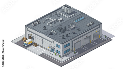 Isometric illustration of a modern industrial warehouse building with a delivery truck at the loading dock, symbolizing efficient supply chain and distribution logistics