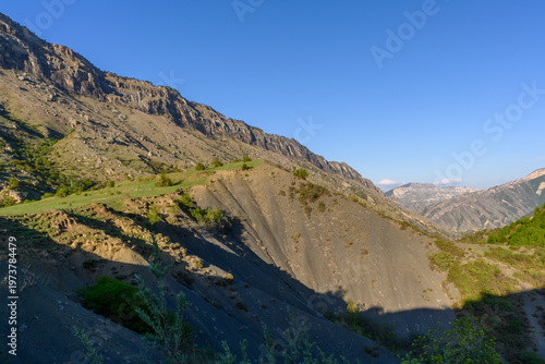 Mountainous Landscape Under a Clear Blue Sky. Dagestan Russia.