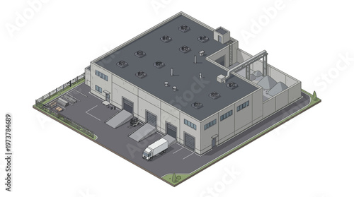 Isometric pixel art illustration of a modern industrial warehouse, depicting loading docks and trucks, crucial for manufacturing, distribution, and logistics