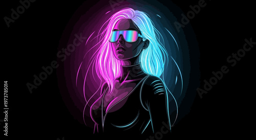 Vibrant illustration of woman with neon hair and futuristic glasses on black background