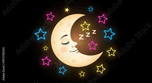 Sleepy moon face surrounded by colorful stars in the night sky at dusk