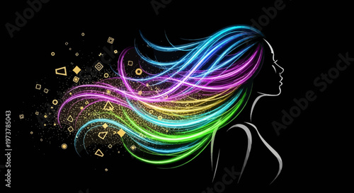 A woman with colorful hair and gold accents on a black background.