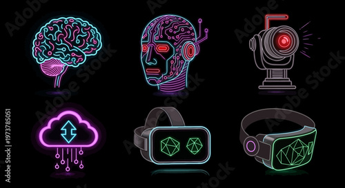 Neon icons depict brain, robot head, camera, cloud with arrows, and VR headsets in dark background.