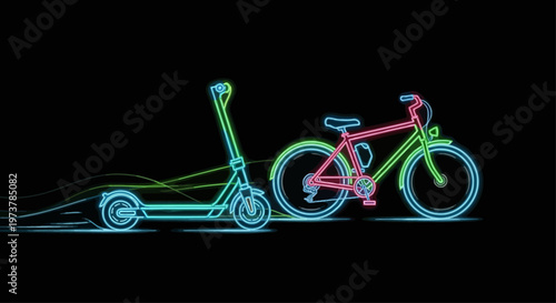 Neon-lit scooter and bicycle side by side on a dark background with trails.