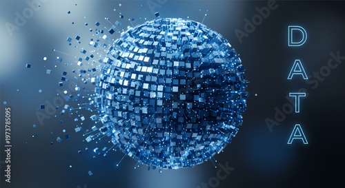 Disintegrating blue digital data sphere explodes into pieces on dark background with neon text its illustration only
