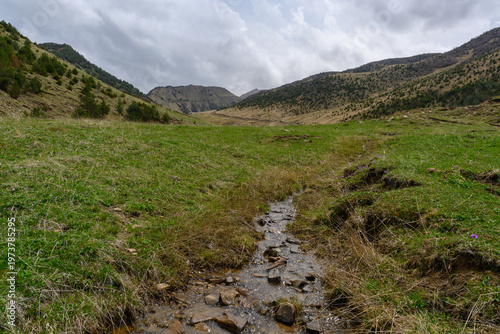 A tranquil mountain valley with a stream flowing through a green meadow. Dagestan Russia.