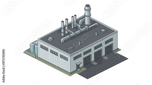 Isometric depiction of a modern factory building with loading docks and exhaust pipes, showcasing industrial architecture and infrastructure