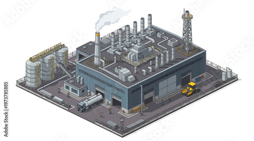 Detailed isometric industrial factory illustration. Modern manufacturing plant in pixel art, featuring buildings, storage tanks, smokestacks, and personnel