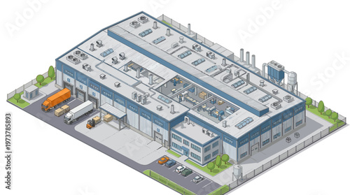 Isometric illustration of a modern industrial warehouse facility with trucks and loading docks