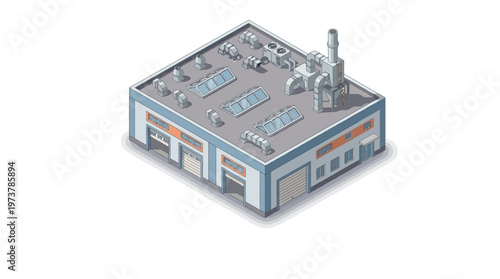 Detailed isometric illustration of a modern industrial factory building, showcasing a concept of efficient manufacturing, logistics, and supply chain operations for various business enterprises