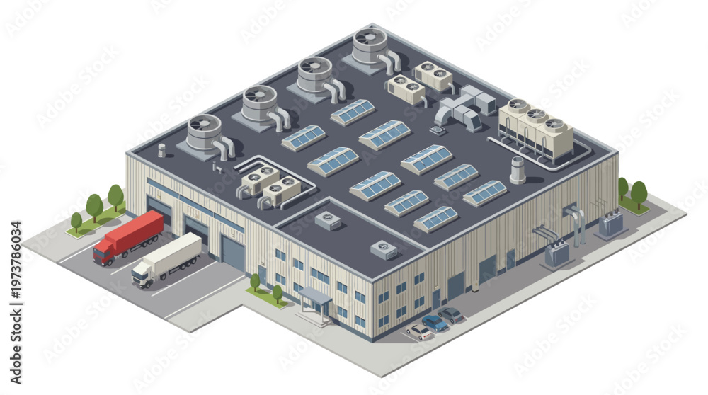 Obraz premium Modern industrial factory building with trucks in a logistics loading bay, viewed from an isometric perspective
