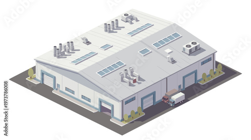 Modern isometric industrial warehouse building illustration for logistics and manufacturing operations, featuring a loading dock, delivery truck, and advanced architectural design
