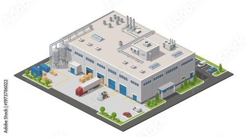 Isometric view of a modern industrial factory building with loading docks, trucks, and forklifts, illustrating logistics and manufacturing processes