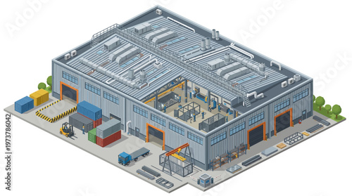 Isometric illustration of a large industrial factory building, showcasing internal manufacturing processes, production lines, warehouse storage, and external logistics with heavy machinery