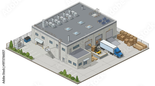 Isometric view of a modern industrial warehouse with loading docks, delivery trucks, forklifts, solar panels, and stacks of boxes, illustrating logistics and supply chain operations