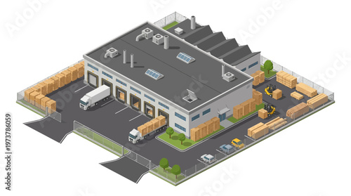 Isometric view of a logistics warehouse with trucks loading and unloading cargo, showcasing distribution and supply chain operations