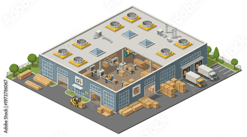 Isometric view of a warehouse with forklift loading boxes into trucks and workers assembling products inside an industrial building