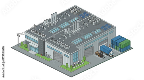 Isometric depiction of a modern industrial factory building with solar panels and loading dock, showcasing logistics and manufacturing operations