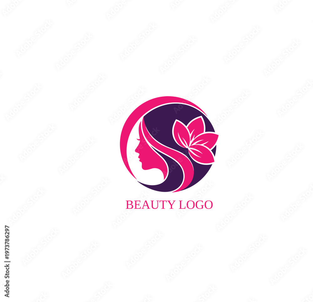Fototapeta premium Pink Butterfly Beauty Logo with Woman Profile and Flower Petal Hair in Circular Design, Feminine Spa Salon Branding