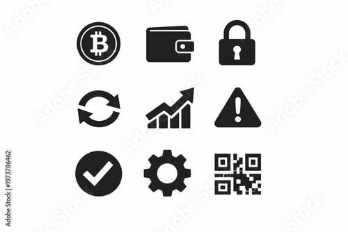 Cryptocurrency and security icons: bitcoin, wallet, lock, qr code