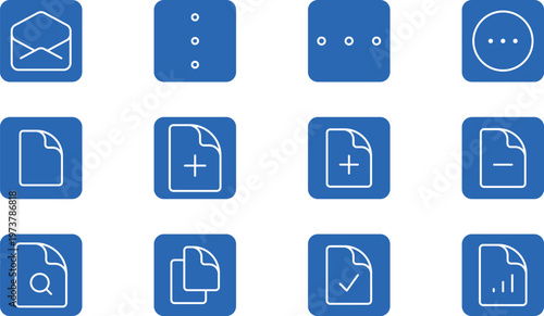 Set of 12 blue interface and file management icons with mail and search.