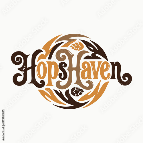 Vintage Brewery Emblem Featuring Custom Hand-Drawn “HopsHaven” Lettering with Integrated Hops Illustration