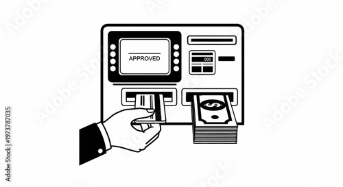 Atm machine with hand inserting card and dispensing cash illustration