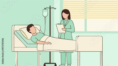 Healthcare worker attending to a male patient recovering in hospital bed