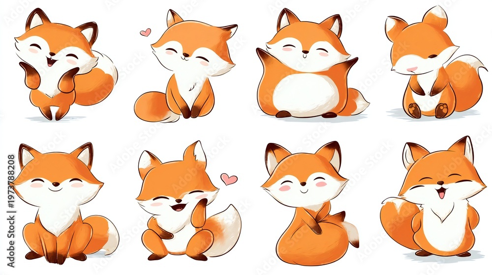 Fototapeta premium Charming collection of hand-drawn orange fox characters in multiple sitting positions, ideal for children's books, educational materials, branding, and social media content. Bright, cheerful,