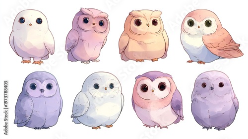 Set of six hand-drawn colorful owl illustrations in a cute cartoon style, featuring pastel shades and simple  designs arranged on a plain white background.