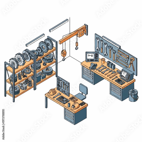 Industrial workshop workbench with tools.