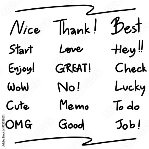 Handwritten Daily Short Phrases and Positive Words Collection, Minimalist Black Ink Lettering Set on White Background
