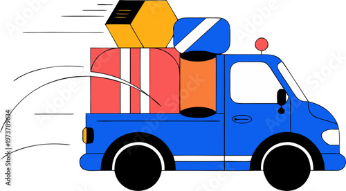 A blue truck with colorful packages on the back