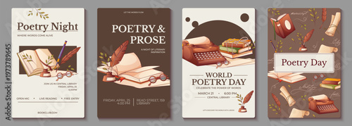 Poetry posters set with vintage books, typewriter, and quill pen. Literary event templates for poetry night and world poetry day, flat vector illustrations for invitation, flyer, and print.
