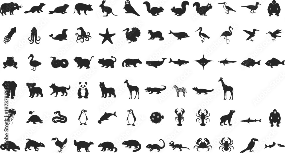 Fototapeta premium Black silhouette animals including mammals, birds, marine life, reptiles, amphibians, diverse wildlife illustration design concept