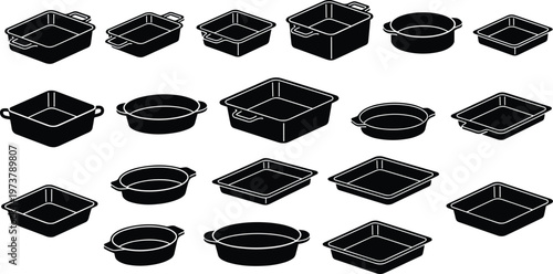 Black silhouette baking dishes and pans including cake pans, pie dishes, casserole bakeware illustration design concept