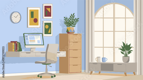 Minimalist Home Office Workspace with Computer, Books, and Plants