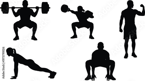 Black silhouette fitness figures performing exercises including squats, push-ups, flexing, plank, strength training illustration design concept