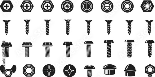 Black silhouette screws, bolts, nuts, and fasteners with diverse head designs, mechanical hardware illustration concept