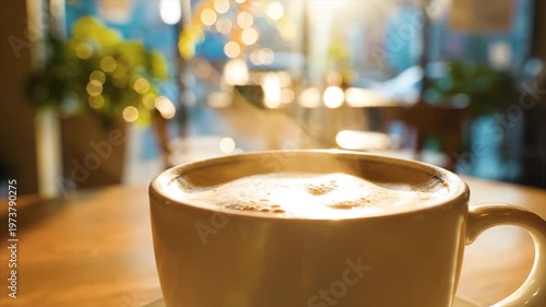 Steaming latte art coffee in cozy café with warm sunlight and flowers