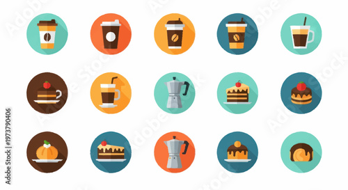 Colorful coffee and dessert icons.
