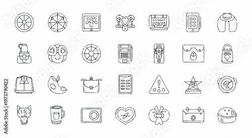 Collection of various line icons.