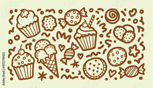 Whimsical sweets and treats doodle set with cupcakes ice cream cone and wrapped candies in hand drawn line art style